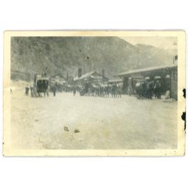 Stagecoaches at the station in the snow 