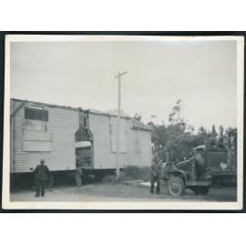 Old Burnham School building arriving at Courtney School site, 1956