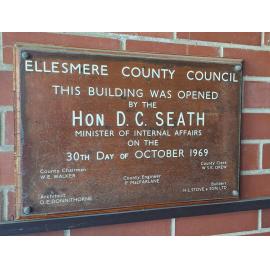 Plaque commemorating the opening of the Ellesmere County Council building, 1969