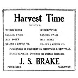 Advertisesment for J. S. Brake's store, Doyleston, 1925
