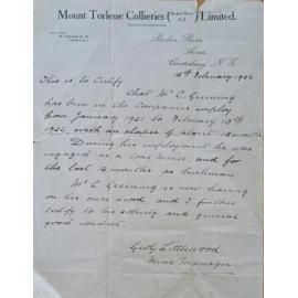 Letter from Mt. Torlesse Collieries about Charles Greening
