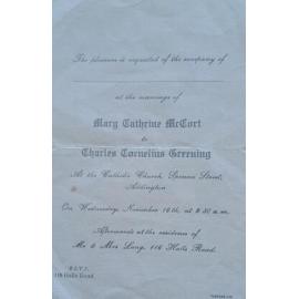 Invitation to the wedding of Charles Greening and Mary McCourt