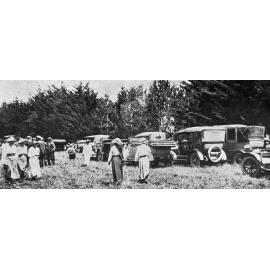 Some of the motor cars lined up at the Selwyn Huts