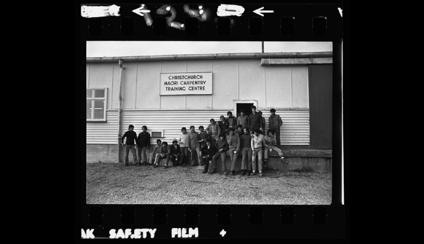 Trainees outside the Christchurch Māori Carpentry Training Centre, Weedons, 1971. Source: Christchurch Star negatives on Canterbury Stories website https://canterburystories.nz/collections/archives/star/negatives/1971/ccl-cs-30113?keys=christchurch%20maori%20carpentry&items_per_page=24