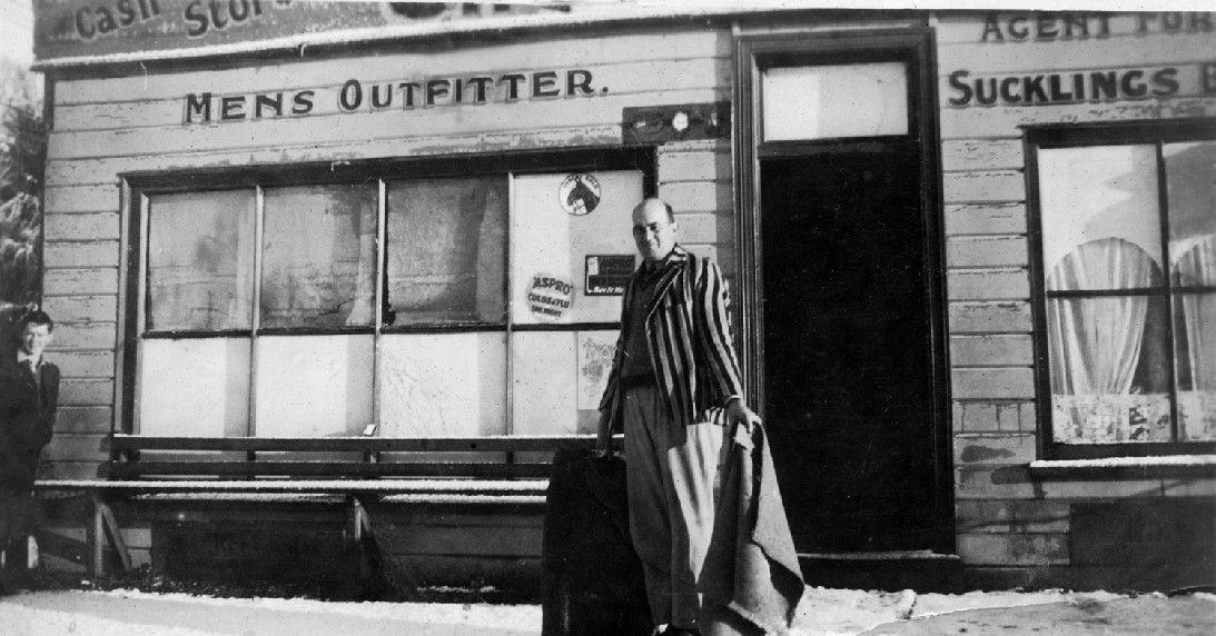 Clarrie Turner in front of his store, Doyleston