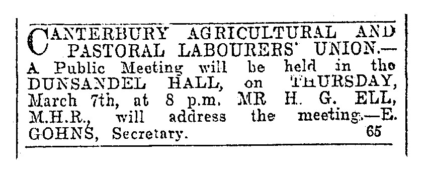 Dunsandel Branch of the Canterbury A&amp;P Labourers&rsquo; Union using the First Dunsandel Hall/Library