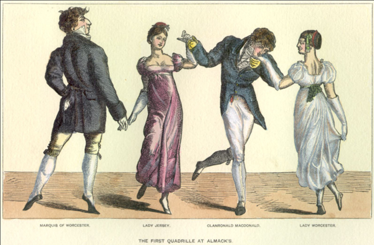 The quadrille became a craze after the dance reached English high society in 1816 through Lady Jersey. Wikipedia.org
