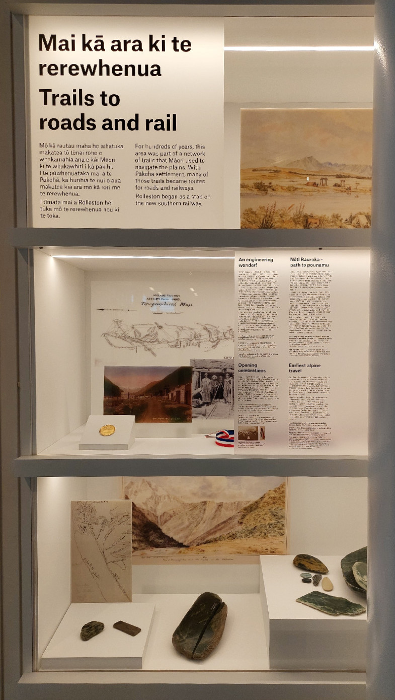 2023 Te Ara Ātea perimeter exhibition case on journeys and transport in Selwyn: the Ōtira tunnel and the story of the pounamu trail across Nōti Raureka (Browning's pass).