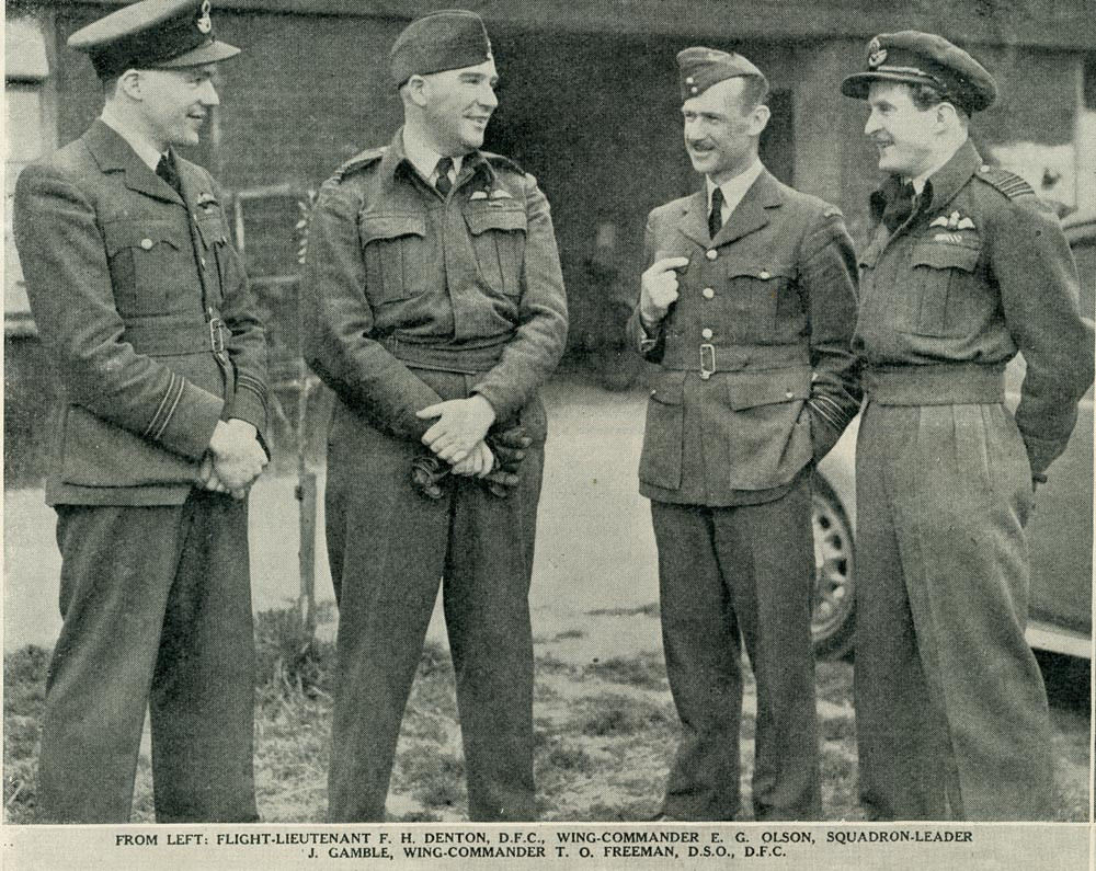 Photograph of Flight Lieutenant Frederick Harry Denton, Wing Commander Edward George Olson, Sqaudron Leader John Mathias Gamble and Wing Commander Trevor Owen Freeman, Auckland Weekly News, 1 July 1942. Auckland Libraries Heritage Collections AWNS-19420701-20-5.