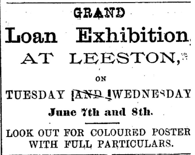 Advertisement in the Ellesmere Guardian for the Grand Loan Exhibition at Leeston, June 1898.