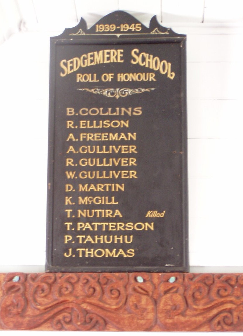 The WW2 Roll of Honour board from Sedgemere School, which closed in 1969. The board is now located at Taumutu Marae.