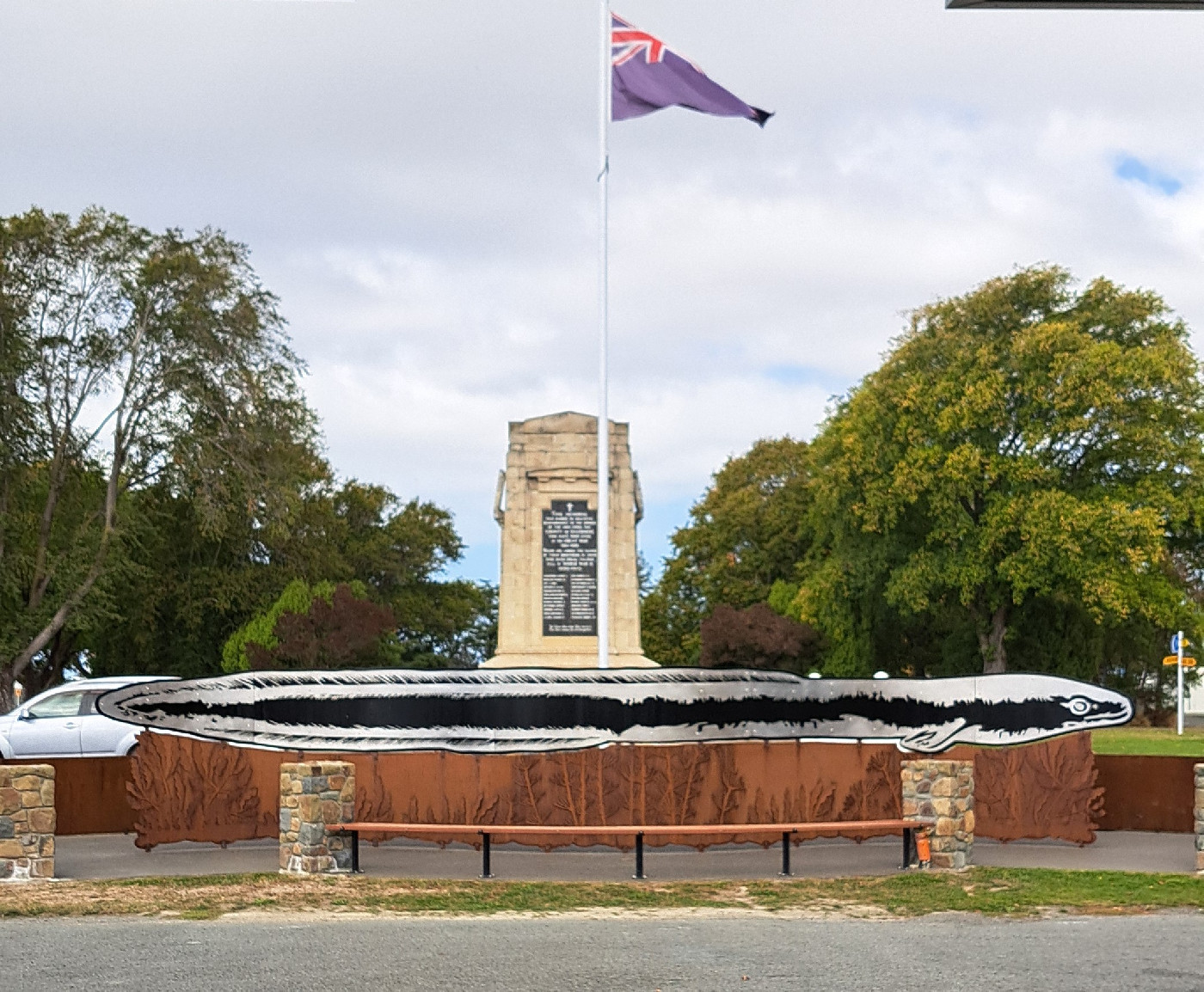 The tuna (eel) sculpture in Leeston, photographed 
in March 2024 by Sarah Davy