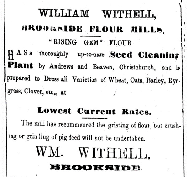 Advertisement by William Withell of Brookside Mill in Ellesmere Guardian, 9 April 1913 p.4.