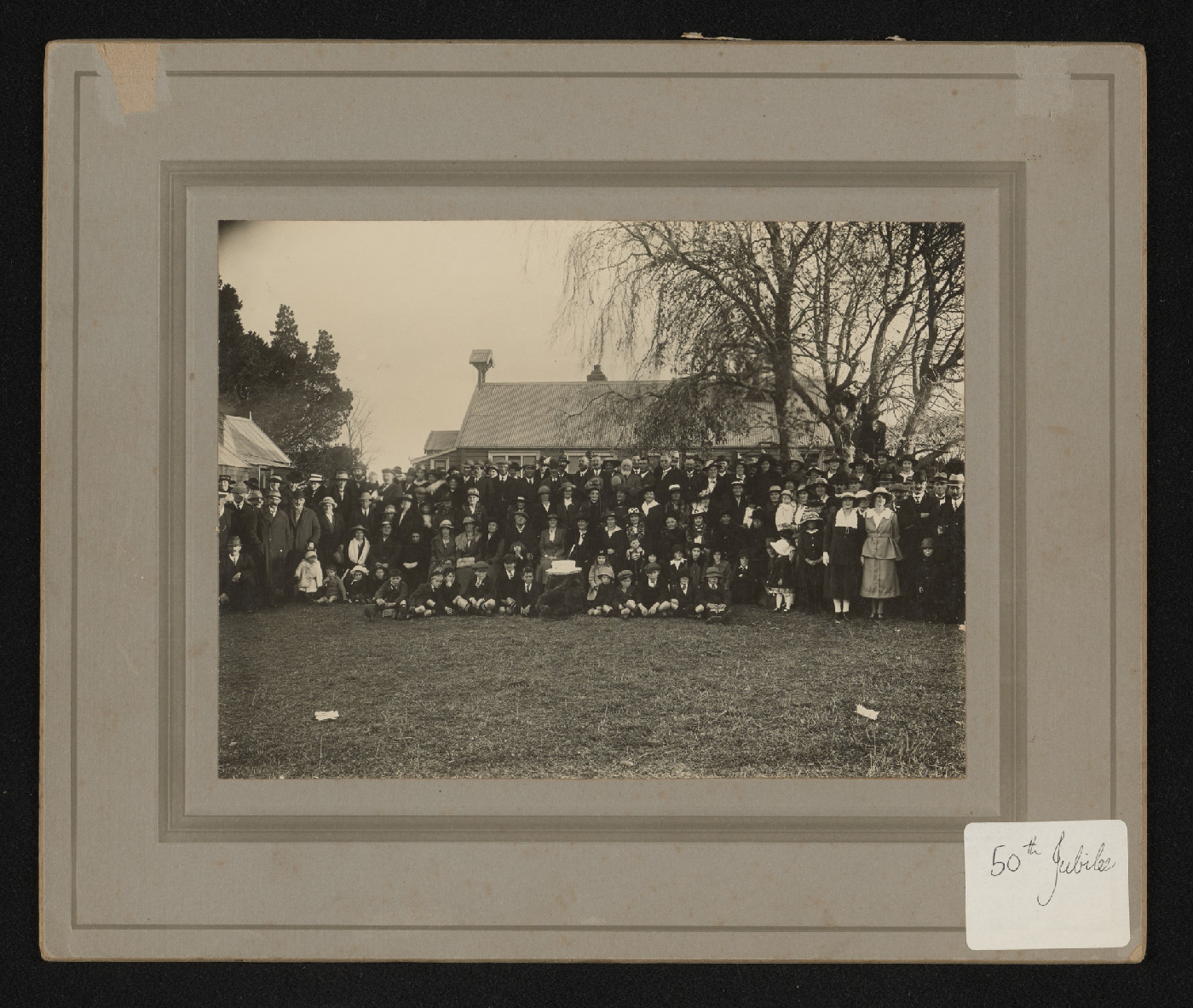 A group of people gathered for the 50th Jubilee of Halkett School on 4 June, 1920.